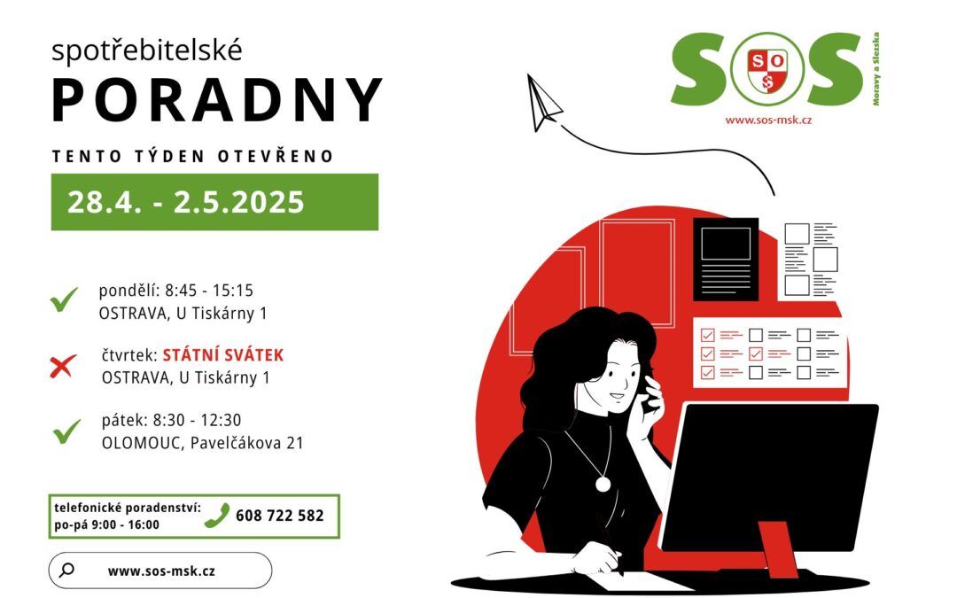 Otevírací doba bezplatných spotřebitelských poraden SOS MaS 28.4. – 2.5. 2025
