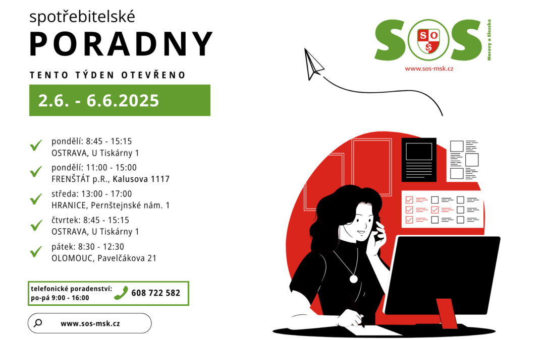 Otevírací doba bezplatných spotřebitelských poraden SOS MaS 2.6. – 6.6.2025