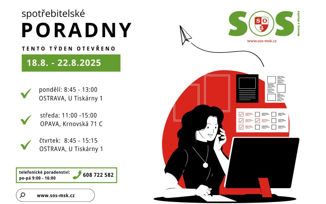 Otevírací doba bezplatných spotřebitelských poraden SOS MaS 18.8. – 22.8.2025