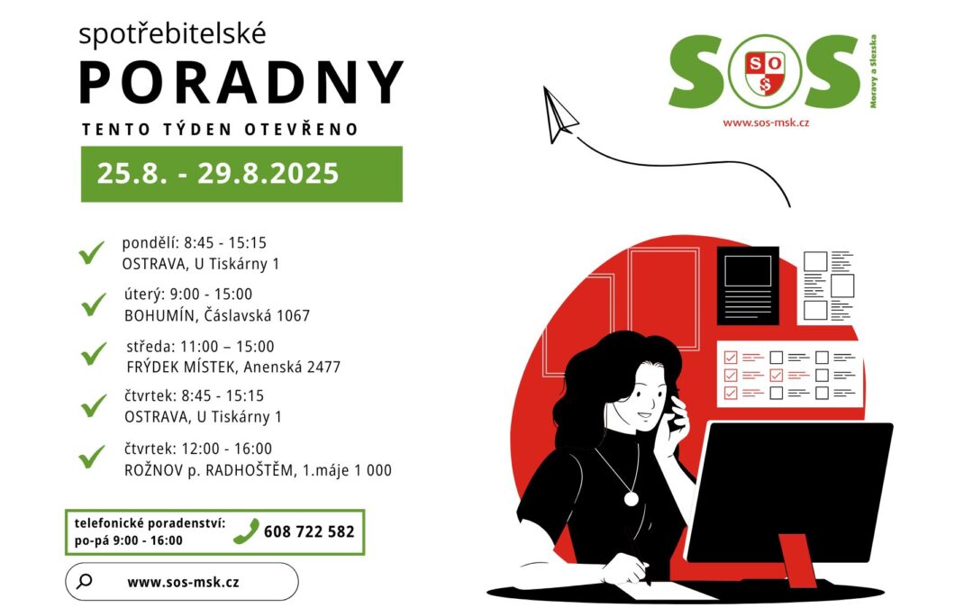 Otevírací doba bezplatných spotřebitelských poraden SOS MaS 25.8. – 29.8.2025